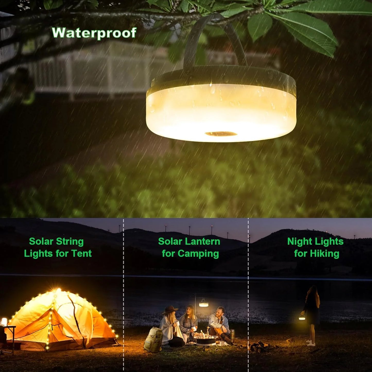 3 in 1 Solar Camping Stowable String Lights, Outdoor Tent Lamp, Portable USB Rechargeable Camping Lantern Emergency Light with Remote Control, Warm Light