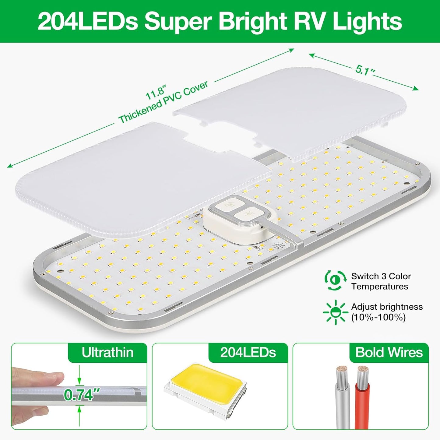 RV Lights Interior, 1800LM 204 Leds Dimmable RV Led Camper Lights Fixtures Interior 12V Volt, 3 Color RV Ceiling Dome Light with Switch for Rv/Camper/Trailer/Boat (Warm+Cool+Natural White)5Pack