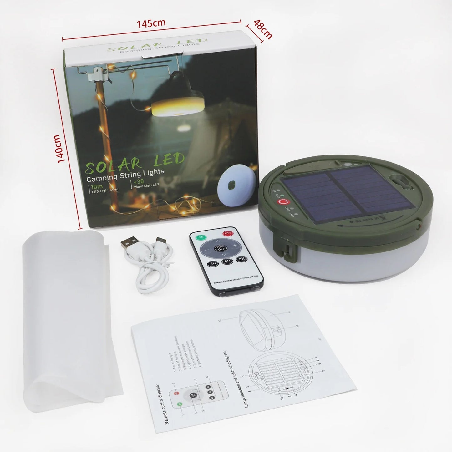 3 in 1 Solar Camping Stowable String Lights, Outdoor Tent Lamp, Portable USB Rechargeable Camping Lantern Emergency Light with Remote Control, Warm Light