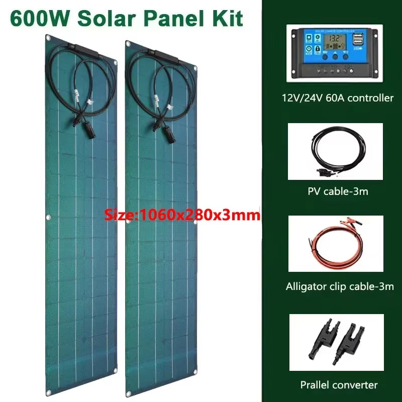 600W 300W Solar Plate Kit Flexible Solar Cells 18V Solar Panel System Battery Charger for Camping Yacht Motorhome Car RV Boat