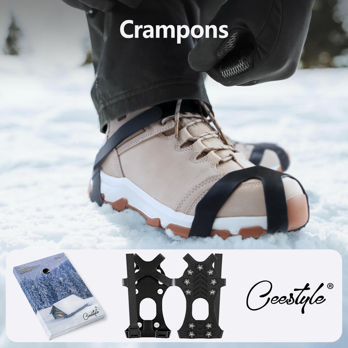 11 Spikes Crampons, Upgraded Version Stainless Steel Anti-Slip, Ice Cleats Grips for Hiking Shoes and Boots, Hiking Fishing Walking Mountaineering