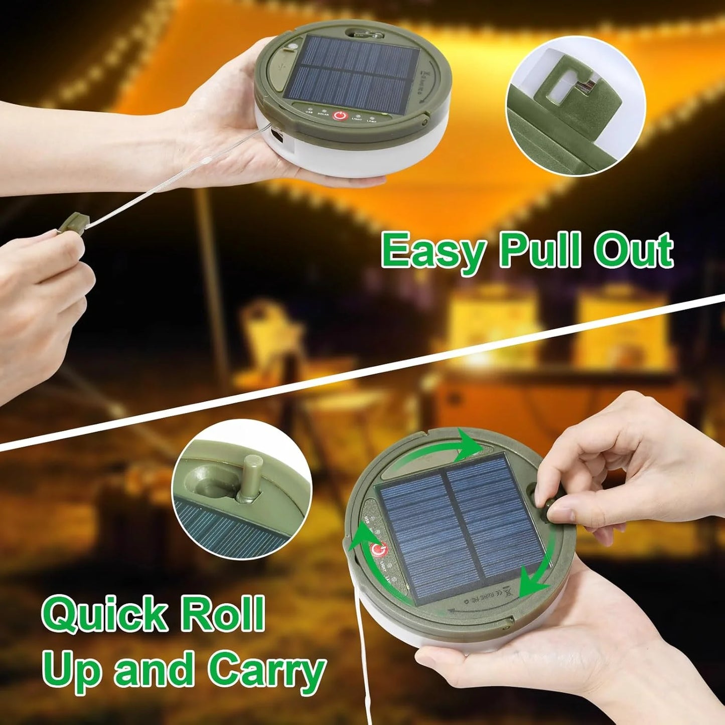 3 in 1 Solar Camping Stowable String Lights, Outdoor Tent Lamp, Portable USB Rechargeable Camping Lantern Emergency Light with Remote Control, Warm Light