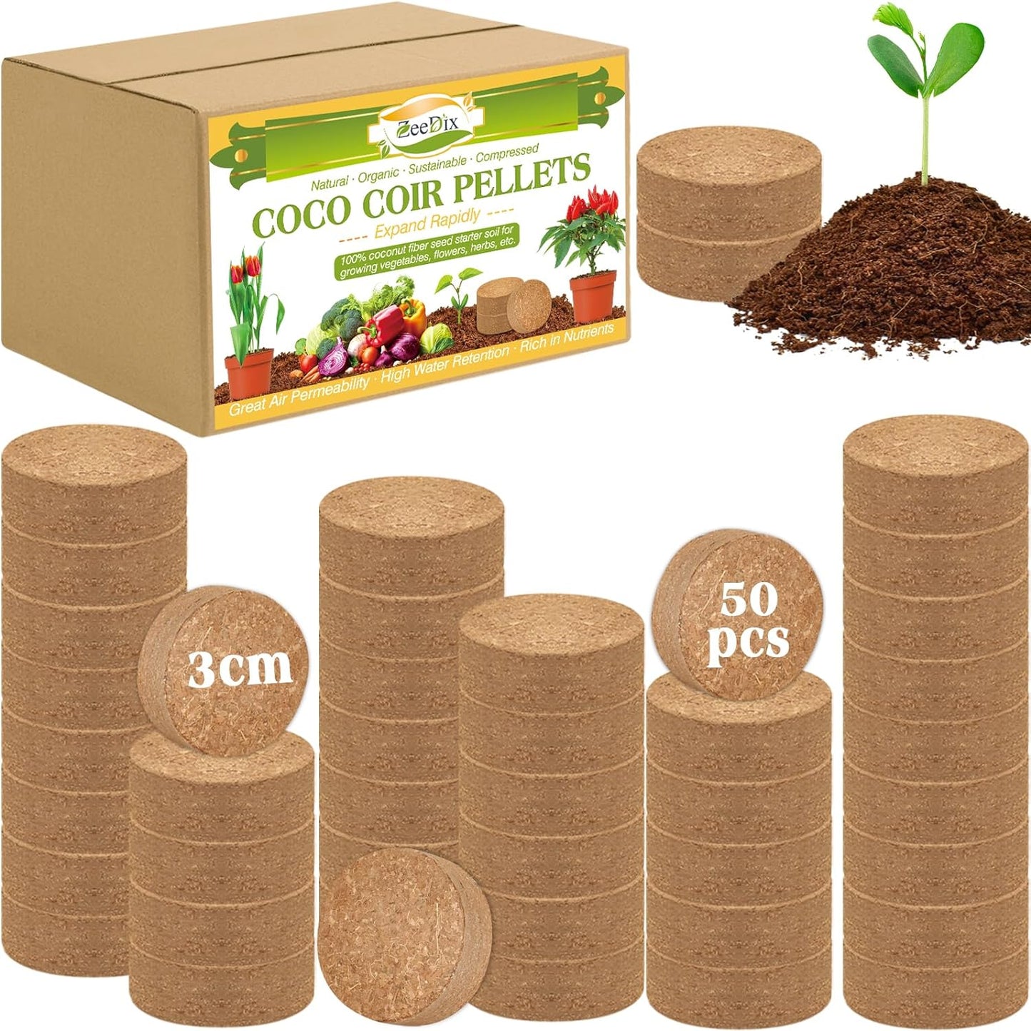 50Pcs(30Mm) Compressed Coco Coir Fiber Potting Soil- Coir Medium, Coconut Soil for Indoors or Outdoors, Bonsai, Herbs, Plants, Flowers and Vegetables