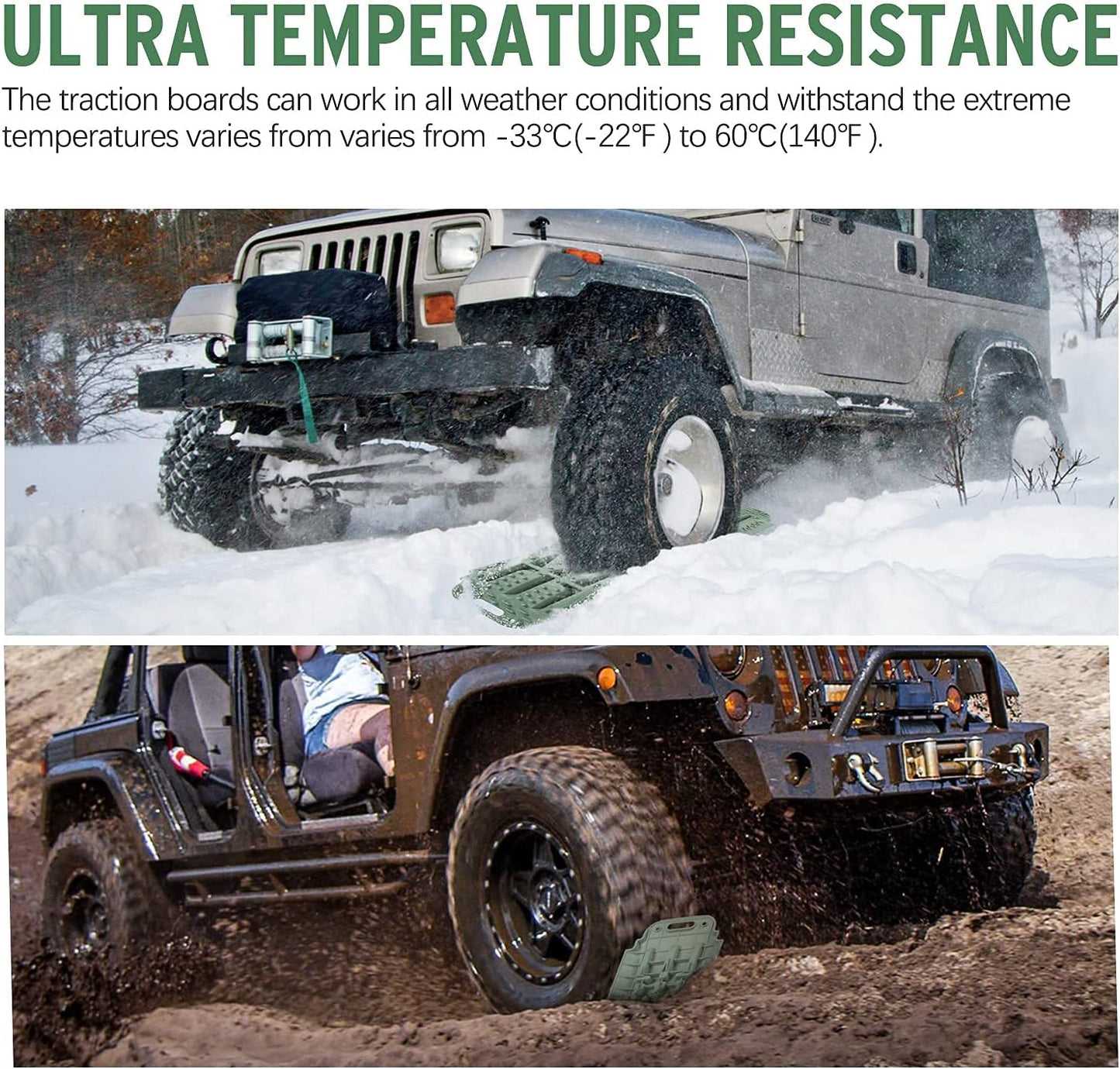 Recovery Traction Boards, Emergency Tracks with Jack Lift Base for Off-Road Sand Mud Snow, 2 Pcs Tire Ladder Mat (Green)