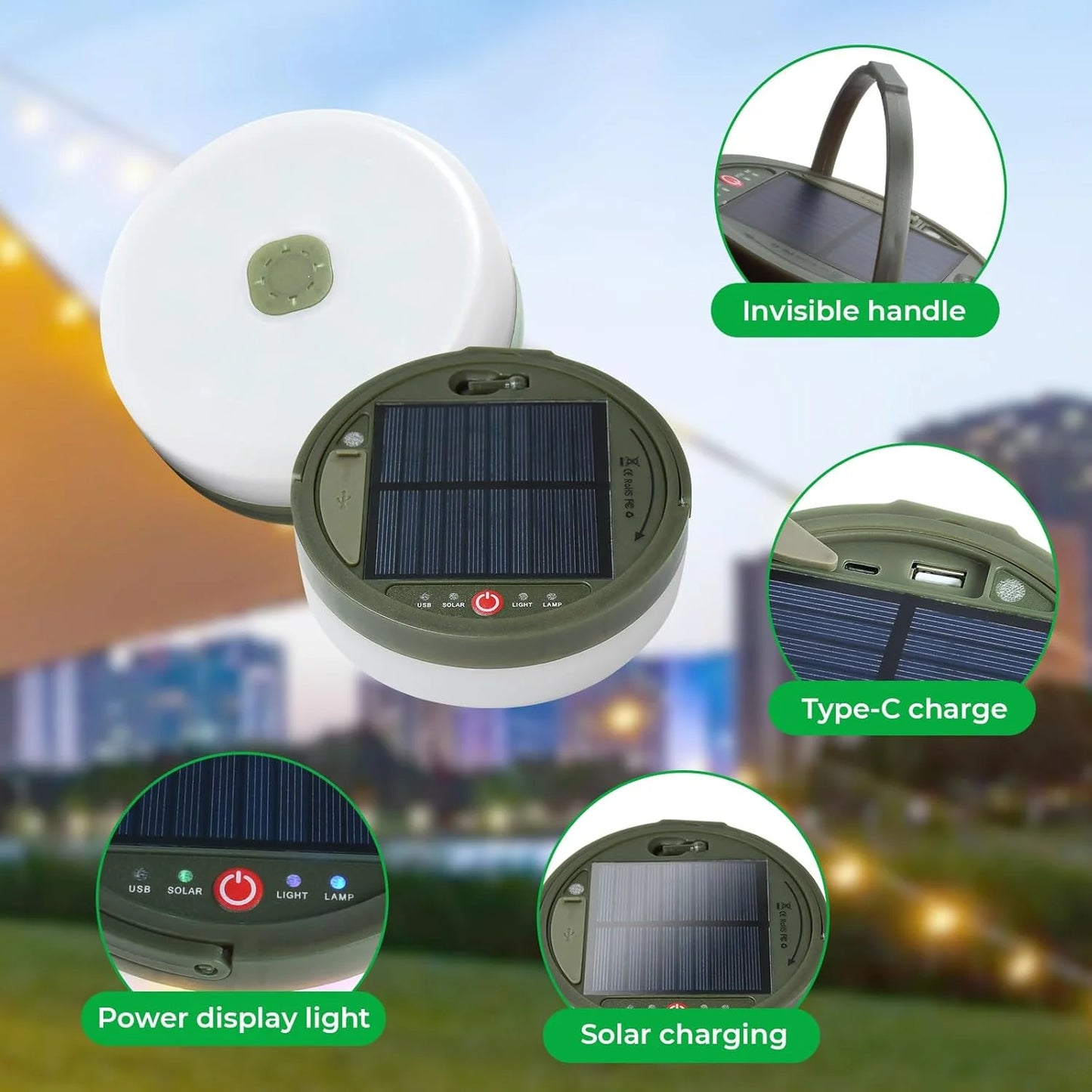3 in 1 Solar Camping Stowable String Lights, Outdoor Tent Lamp, Portable USB Rechargeable Camping Lantern Emergency Light with Remote Control, Warm Light