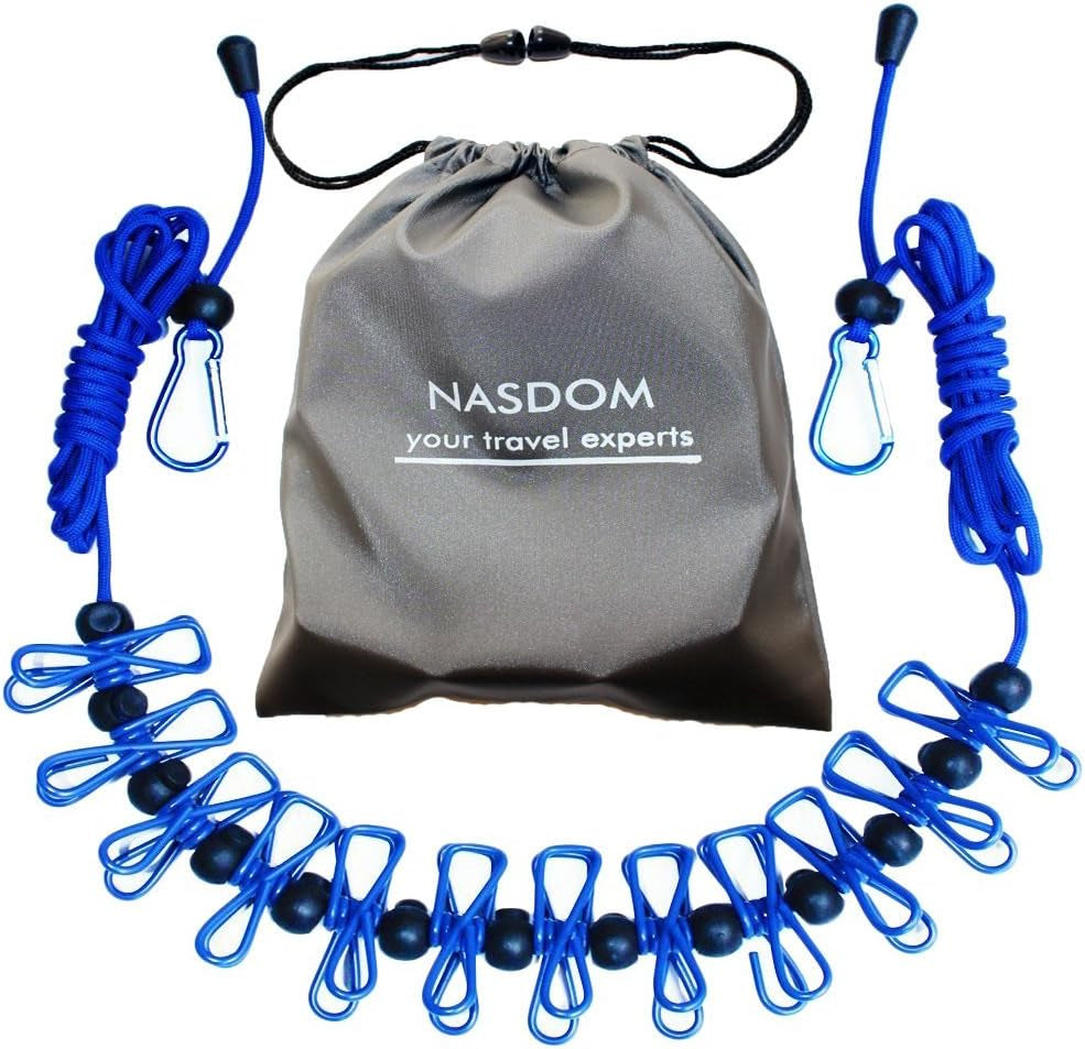 Travel Clothesline,4M/13Ft Portable Retractable Adjustable Clothes Line Rope with 1 Waterproof Bag, 12 Clothespins, 13 Anti-Skid Clips for Outdoor and Indoor(Blue)