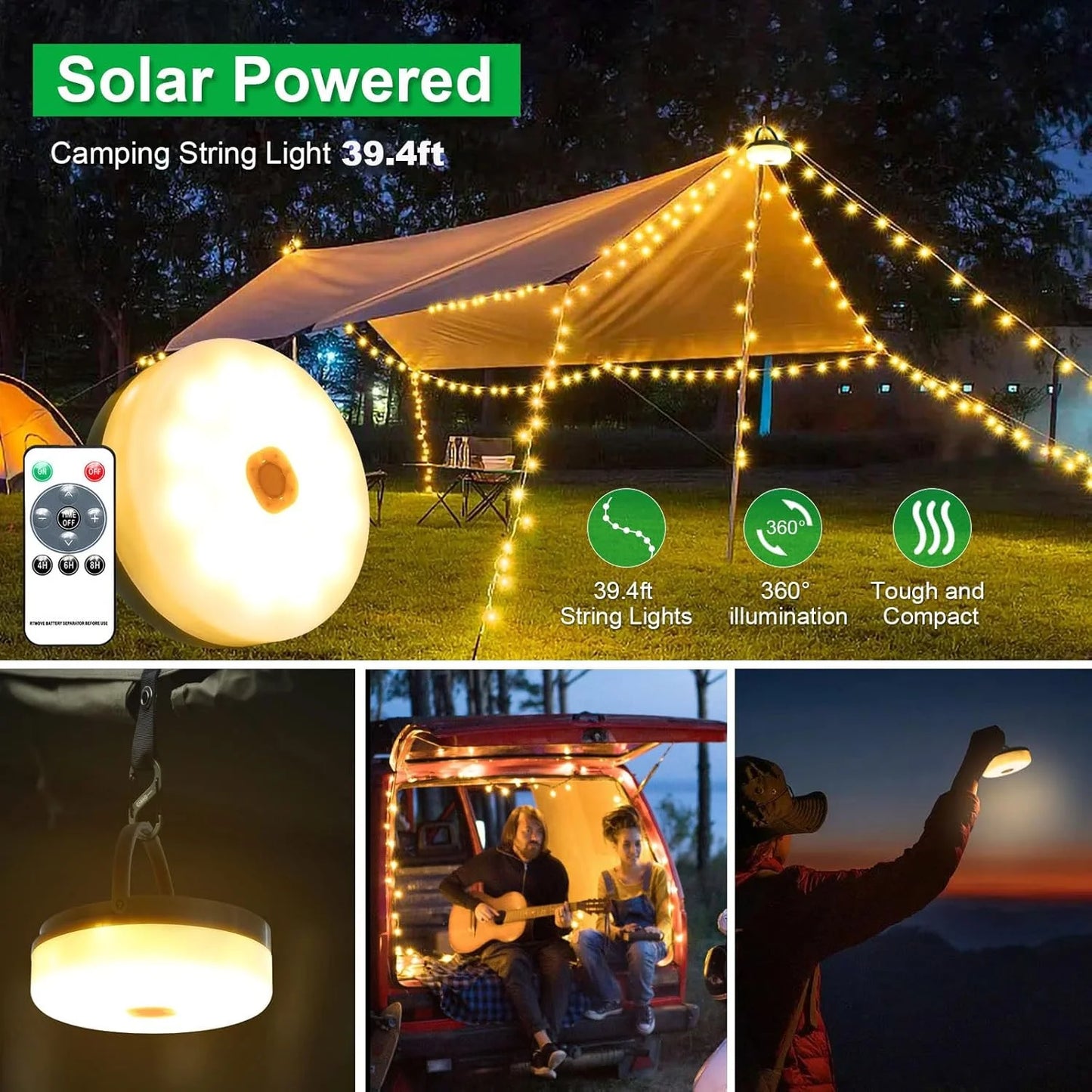 3 in 1 Solar Camping Stowable String Lights, Outdoor Tent Lamp, Portable USB Rechargeable Camping Lantern Emergency Light with Remote Control, Warm Light