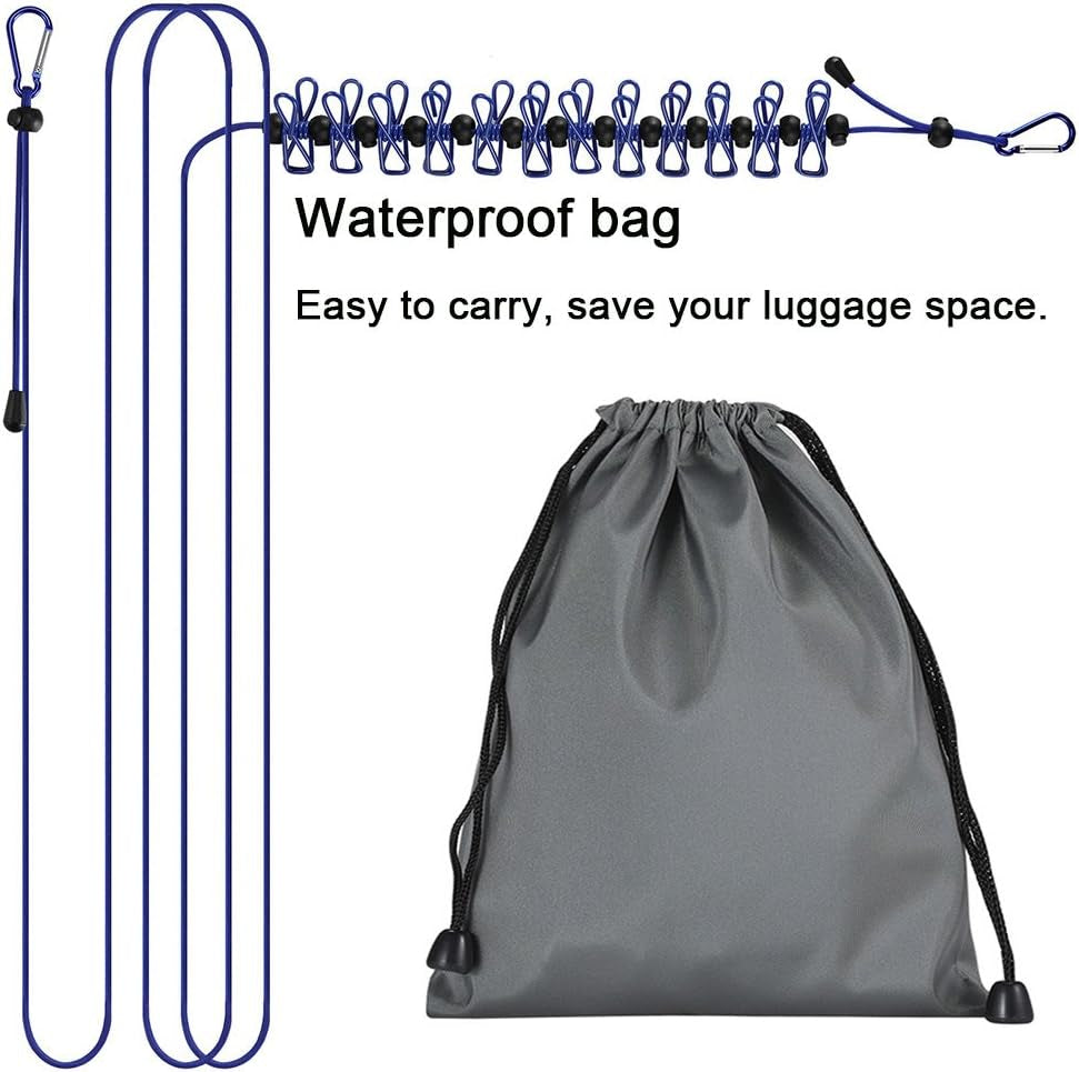 Travel Clothesline,4M/13Ft Portable Retractable Adjustable Clothes Line Rope with 1 Waterproof Bag, 12 Clothespins, 13 Anti-Skid Clips for Outdoor and Indoor(Blue)