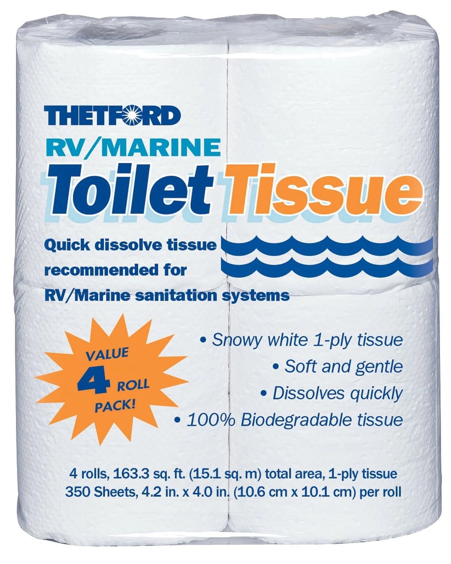 RV/ Marine Toilet Tissue - Toilet Paper for RV and Marine - 1-Ply - 4 Rolls - 20804