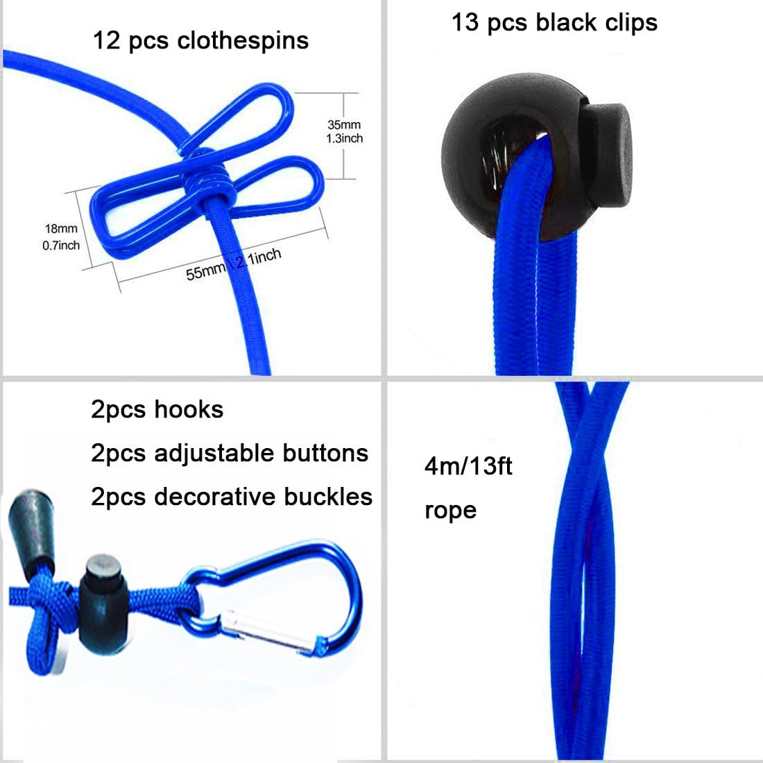 Travel Clothesline,4M/13Ft Portable Retractable Adjustable Clothes Line Rope with 1 Waterproof Bag, 12 Clothespins, 13 Anti-Skid Clips for Outdoor and Indoor(Blue)