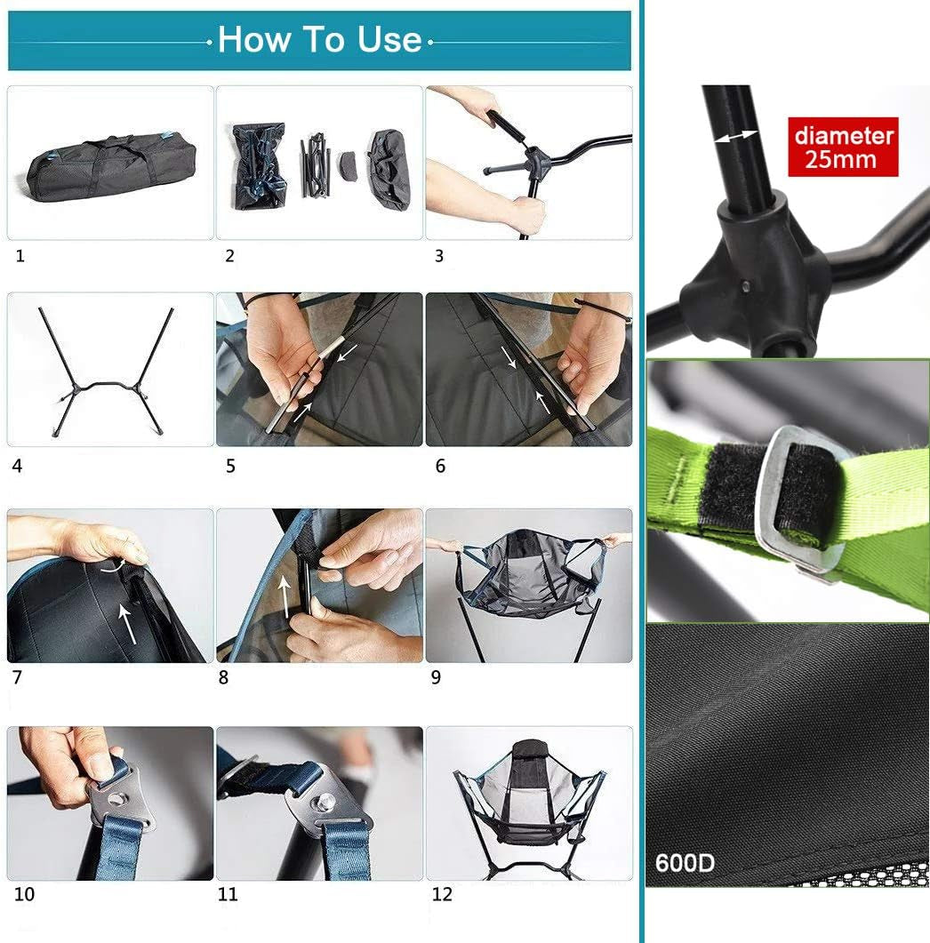 Reclining Camping Chair Portable Heavy Duty Outdoor Folding Camping Chair for Adults Kids,Aluminum Alloy Camping Chair Backrest Folding Swing Chair for Camping,Lawn,Beach,Picnic,Travel,Stargaze