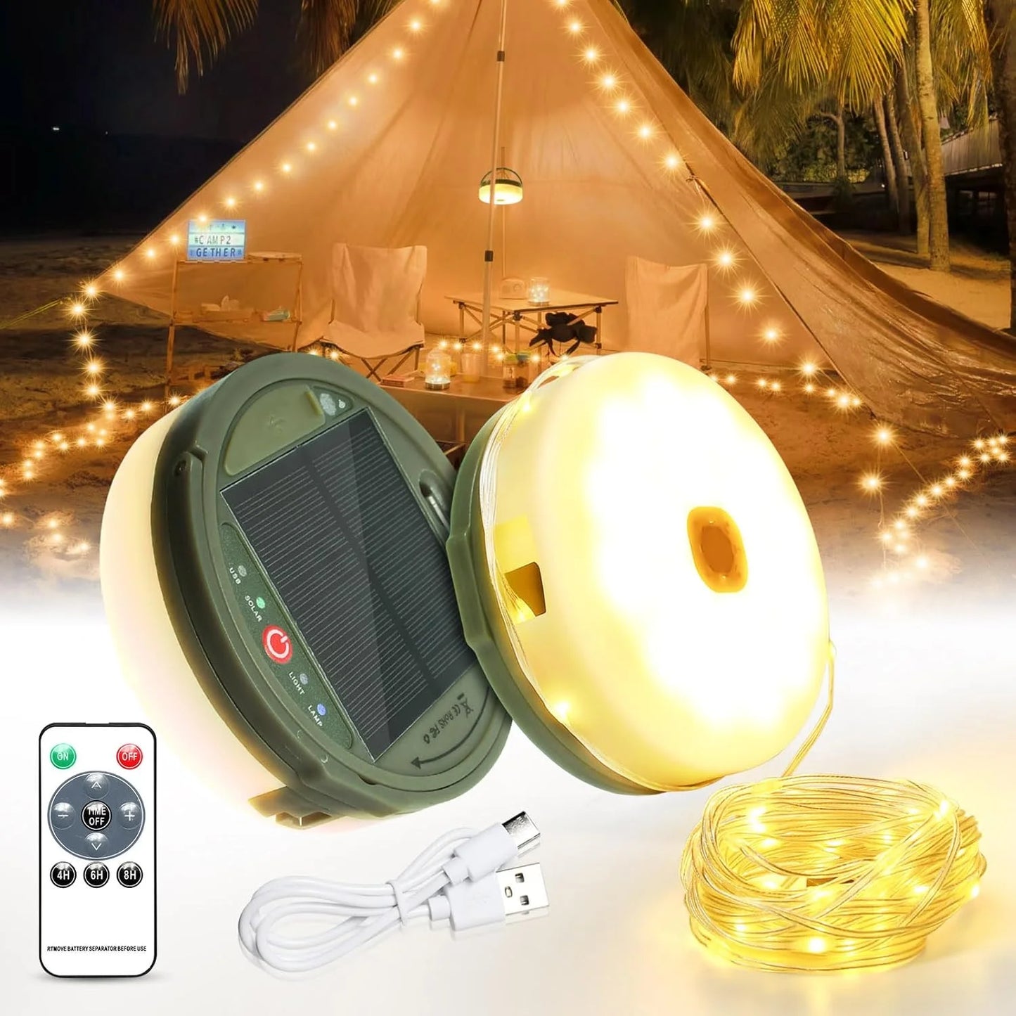 3 in 1 Solar Camping Stowable String Lights, Outdoor Tent Lamp, Portable USB Rechargeable Camping Lantern Emergency Light with Remote Control, Warm Light