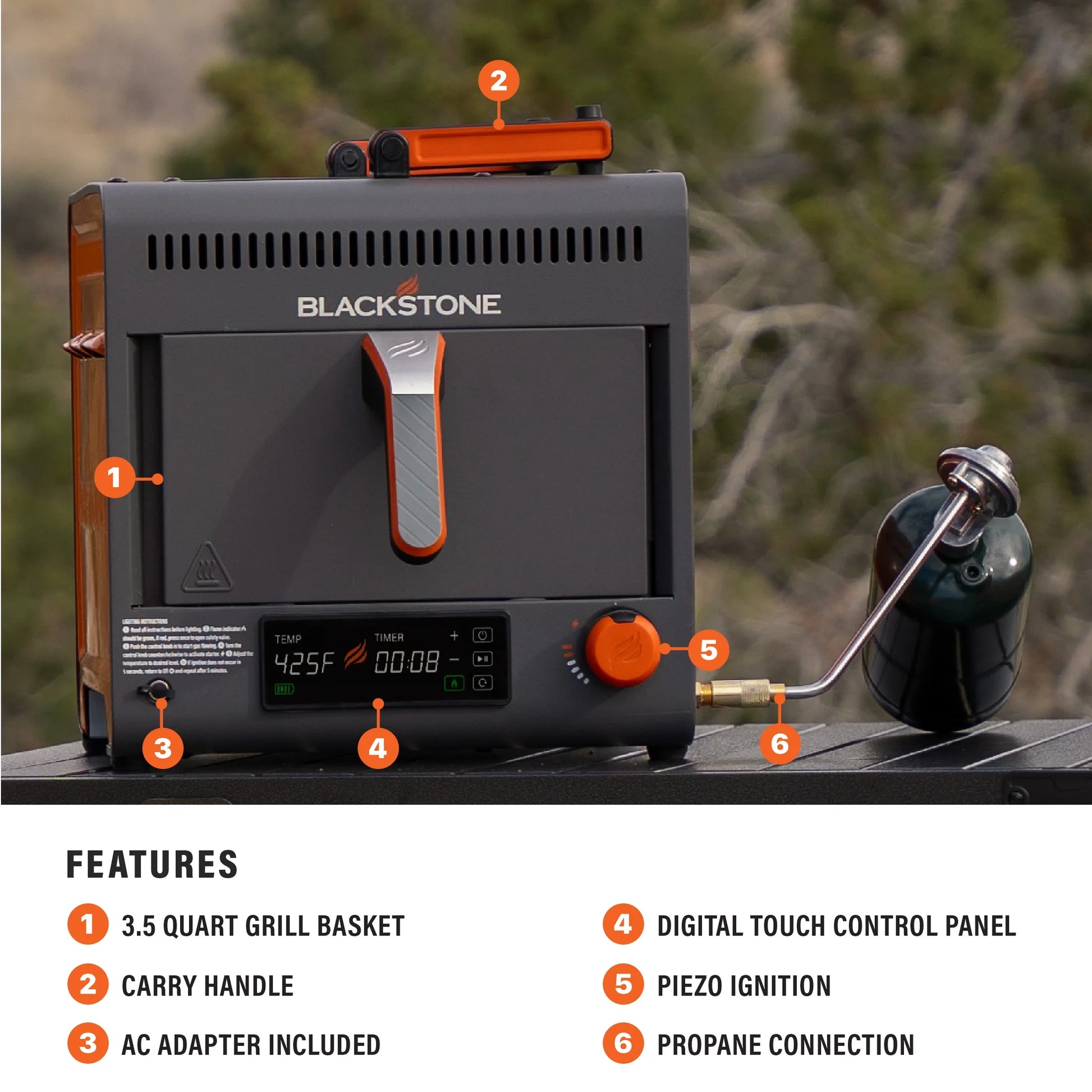 Adventure Ready Portable Propane Air Fryer, 4 Quart, Gray & Orange, 18W, 3Ft Cord