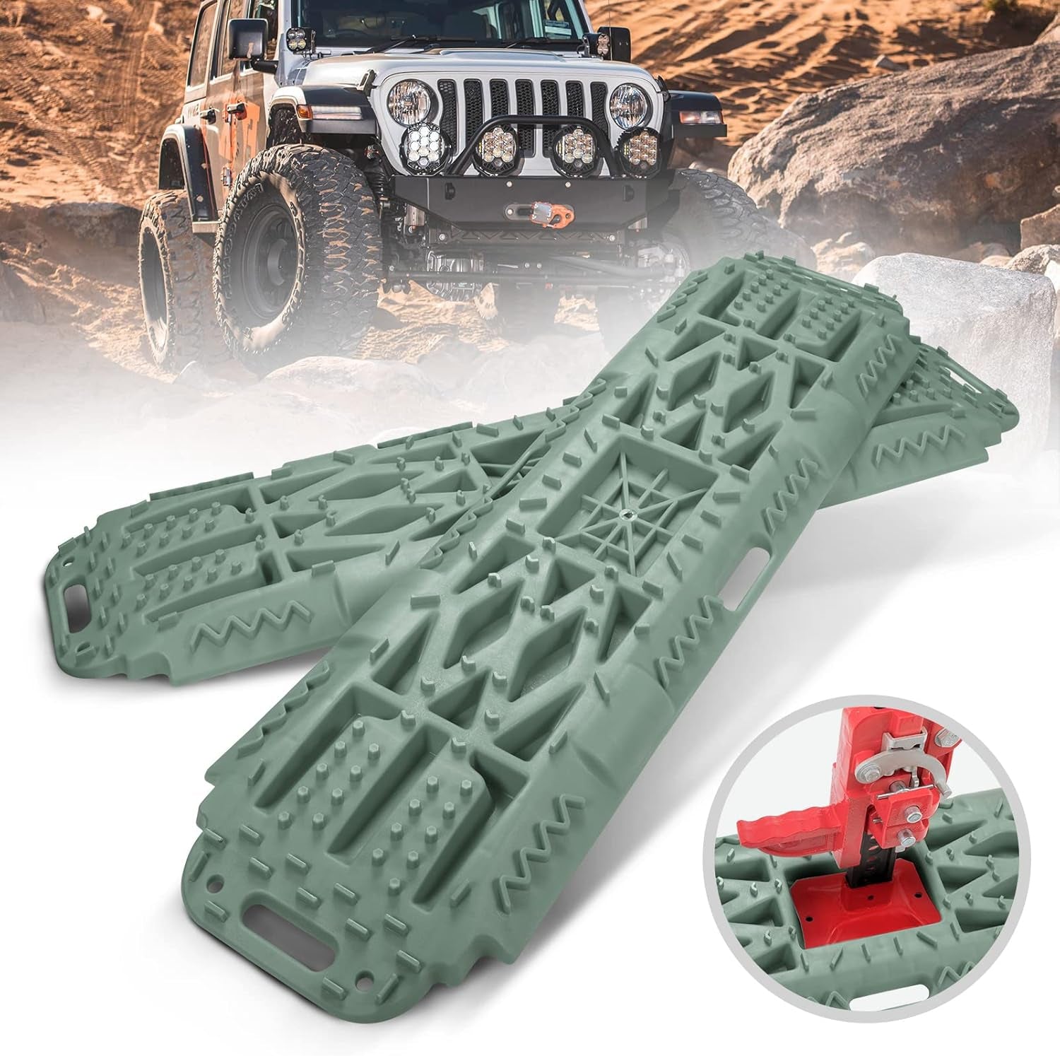 Recovery Traction Boards, Emergency Tracks with Jack Lift Base for Off-Road Sand Mud Snow, 2 Pcs Tire Ladder Mat (Green)