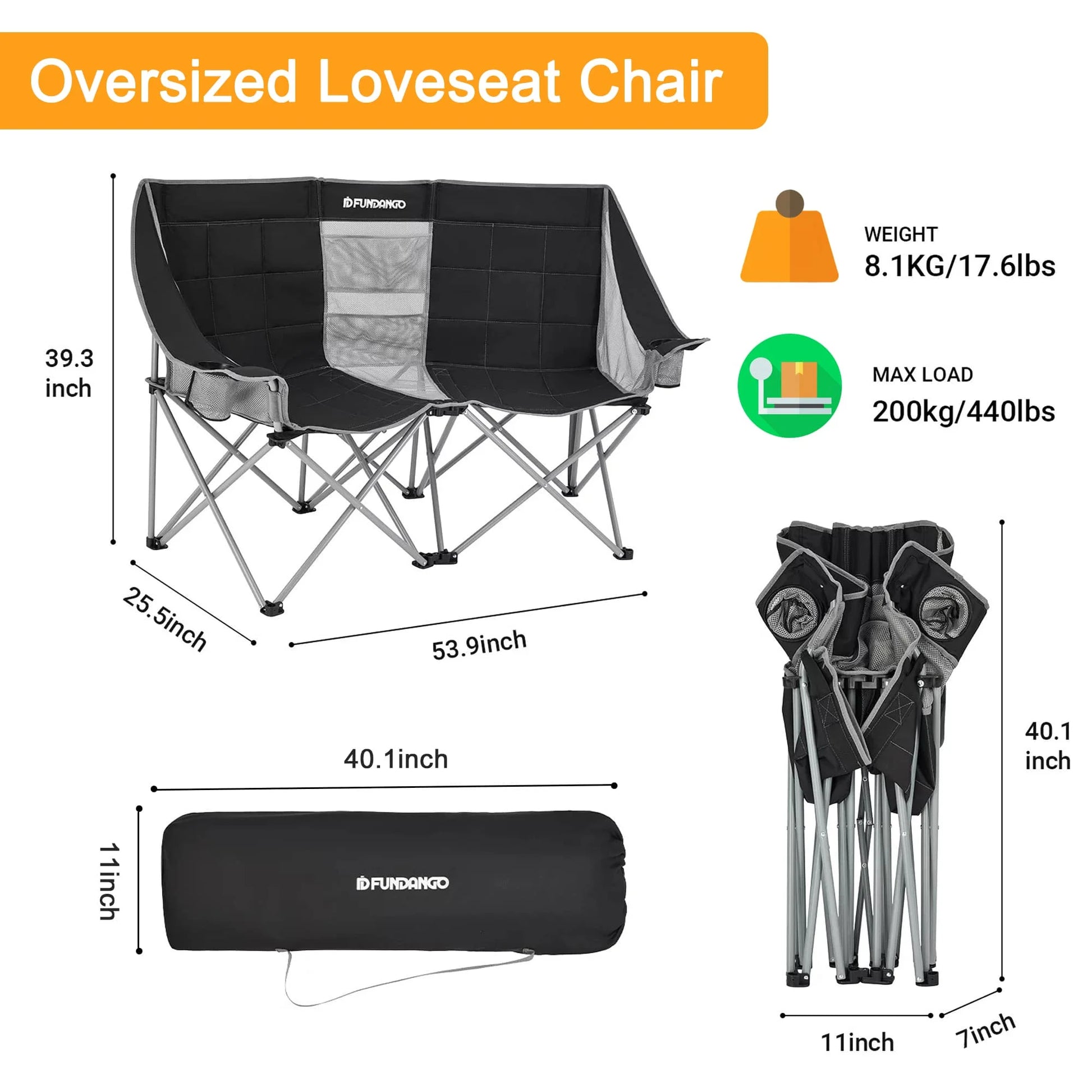 Outdoor Loveseat Chair Portable Double Chair for 2 Person ,Black/Grey