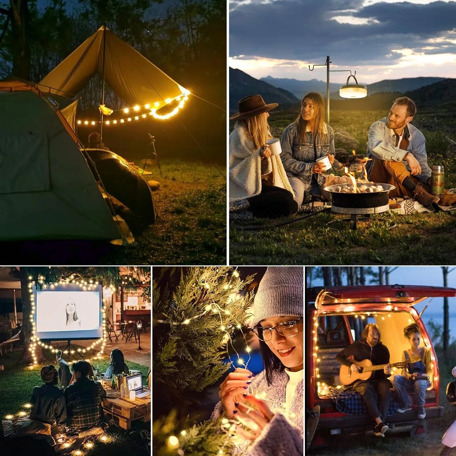 3 in 1 Solar Camping Stowable String Lights, Outdoor Tent Lamp, Portable USB Rechargeable Camping Lantern Emergency Light with Remote Control, Warm Light