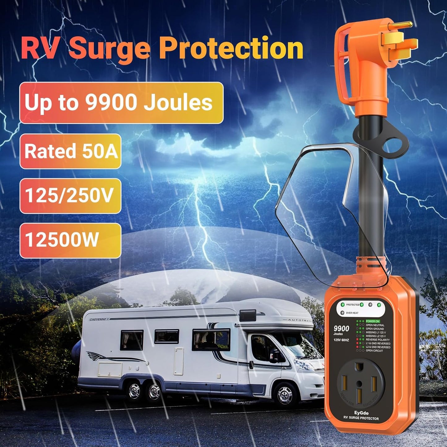 RV Surge Protector 50 Amp Waterproof, RV Circuit Analyzer with Full Electrical Protection, Power Plug Adapter Protectors for 50Amp Camper Travel Trailer Accessories