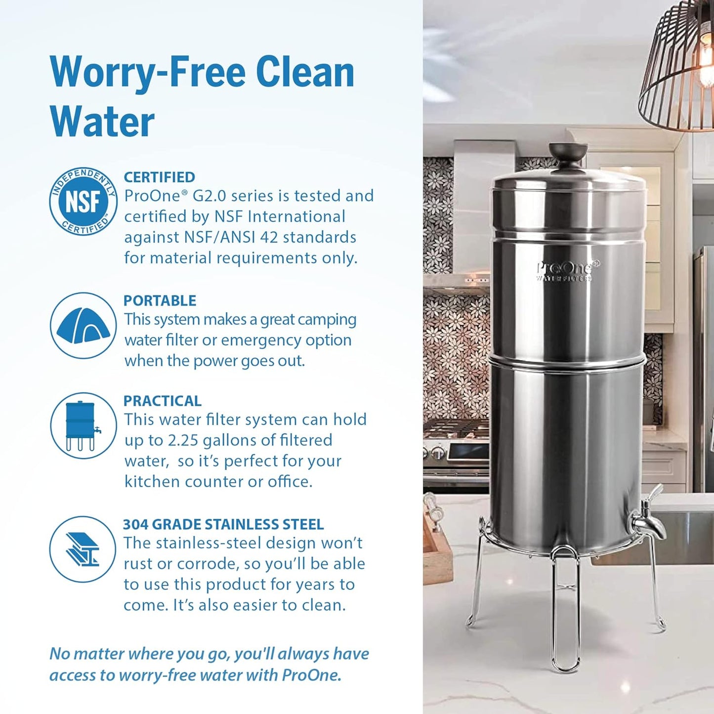 Traveler+ Stainless-Steel Gravity Filter System, 2.25-Gallon Water Capacity, Countertop Water Dispenser for Home & Travel with One 5” Filter & Wire Stand, Independently Tested Proven to Reduce