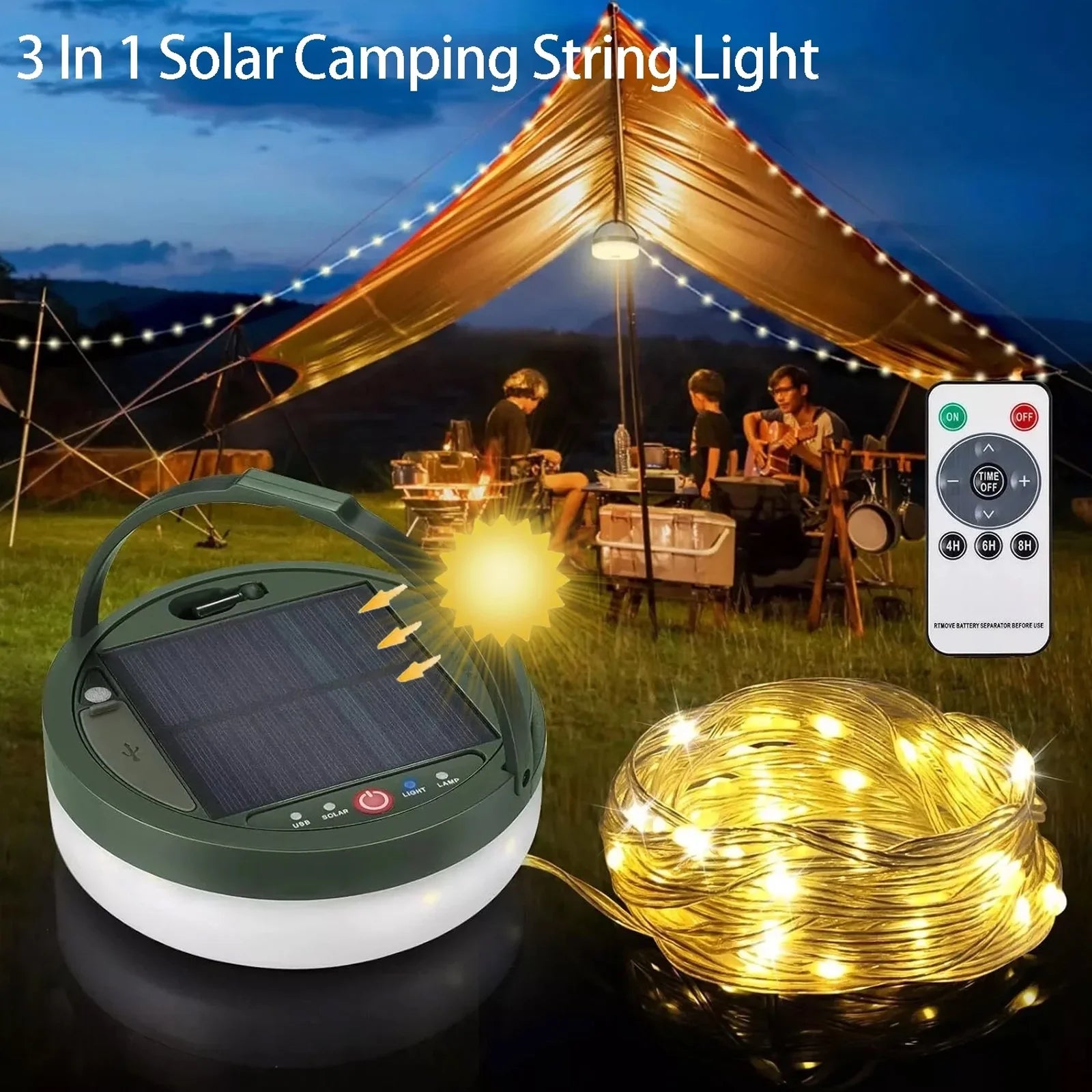 3 in 1 Solar Camping Stowable String Lights, Outdoor Tent Lamp, Portable USB Rechargeable Camping Lantern Emergency Light with Remote Control, Warm Light