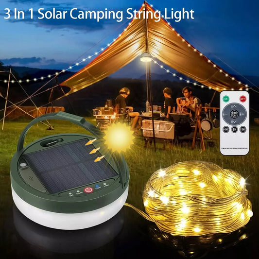 3 in 1 Solar Camping Stowable String Lights, Outdoor Tent Lamp, Portable USB Rechargeable Camping Lantern Emergency Light with Remote Control, Warm Light