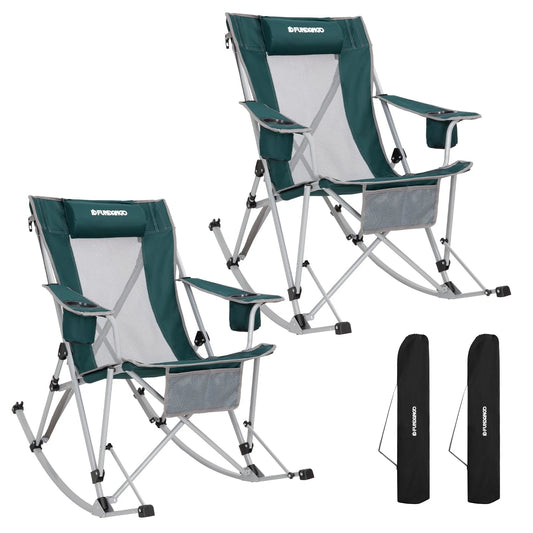2 Pack Camping Rocking Chair Patio Swing Lounge Folding Chair with Headrest for Adult Green
