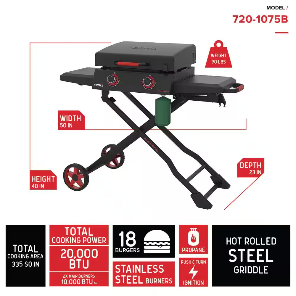 Daytona 2-Burner Propane Gas Grill 21 In. Flat Top Griddle with Foldable Cart in Black