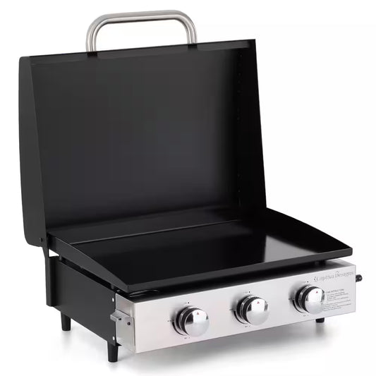 Black 3-Burner Propane Gas Griddle with Hard Cover Hood and Propane Adapter Hoses
