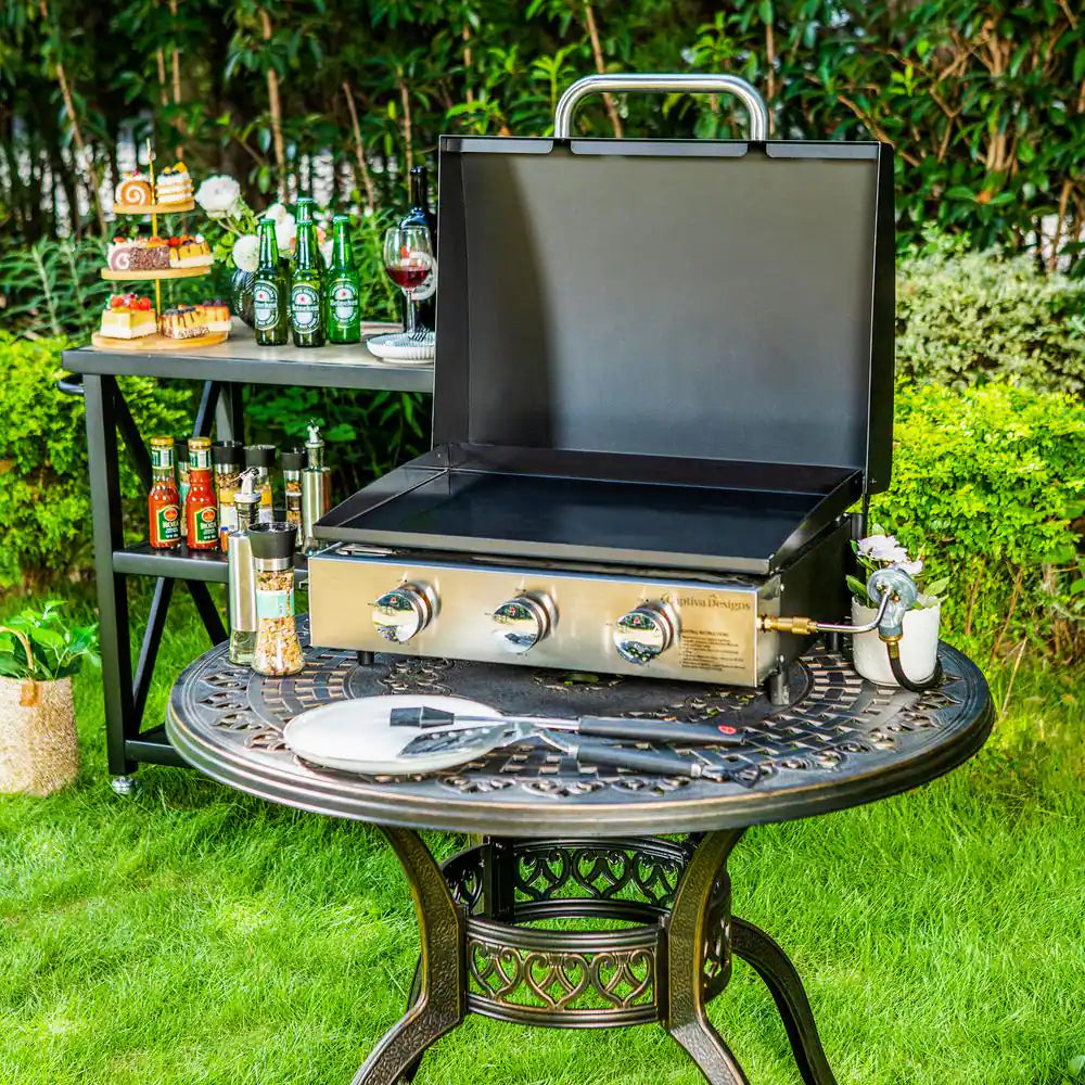 Black 3-Burner Propane Gas Griddle with Hard Cover Hood and Propane Adapter Hoses