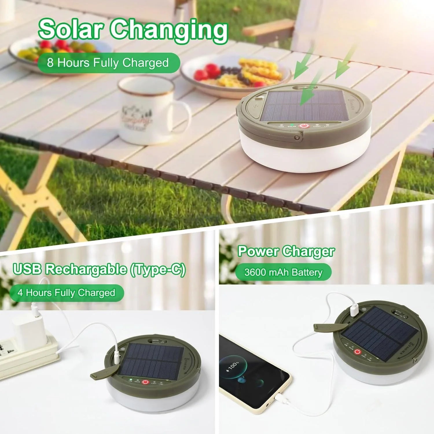 3 in 1 Solar Camping Stowable String Lights, Outdoor Tent Lamp, Portable USB Rechargeable Camping Lantern Emergency Light with Remote Control, Warm Light