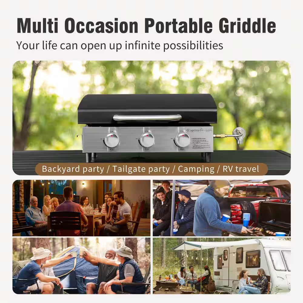 Black 3-Burner Propane Gas Griddle with Hard Cover Hood and Propane Adapter Hoses