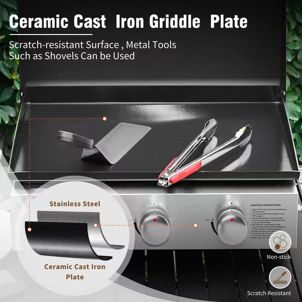 Black 3-Burner Propane Gas Griddle with Hard Cover Hood and Propane Adapter Hoses