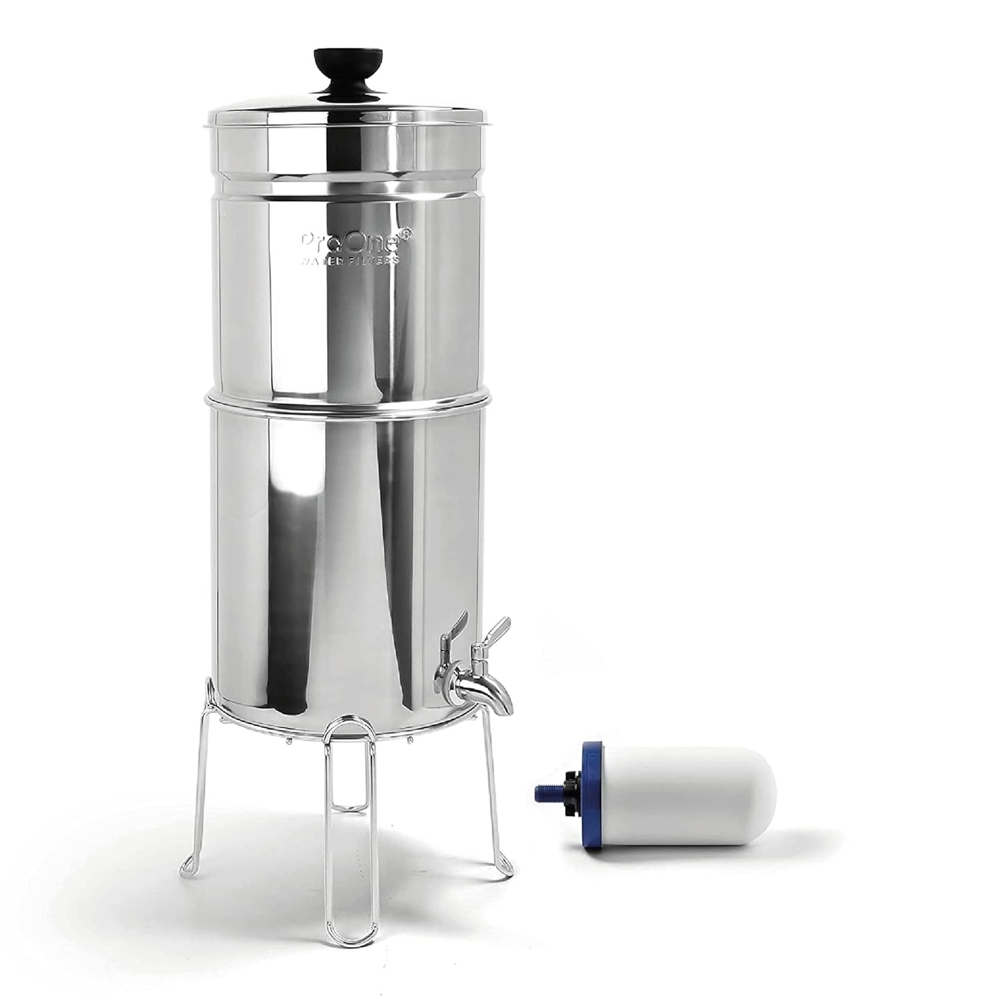 Traveler+ Stainless-Steel Gravity Filter System, 2.25-Gallon Water Capacity, Countertop Water Dispenser for Home & Travel with One 5” Filter & Wire Stand, Independently Tested Proven to Reduce