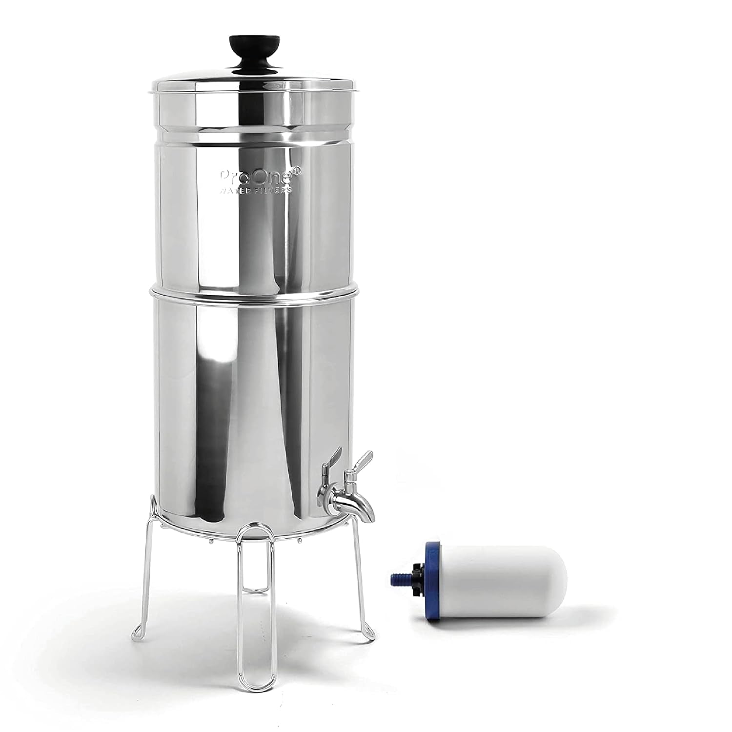 Traveler+ Stainless-Steel Gravity Filter System, 2.25-Gallon Water Capacity, Countertop Water Dispenser for Home & Travel with One 5” Filter & Wire Stand, Independently Tested Proven to Reduce