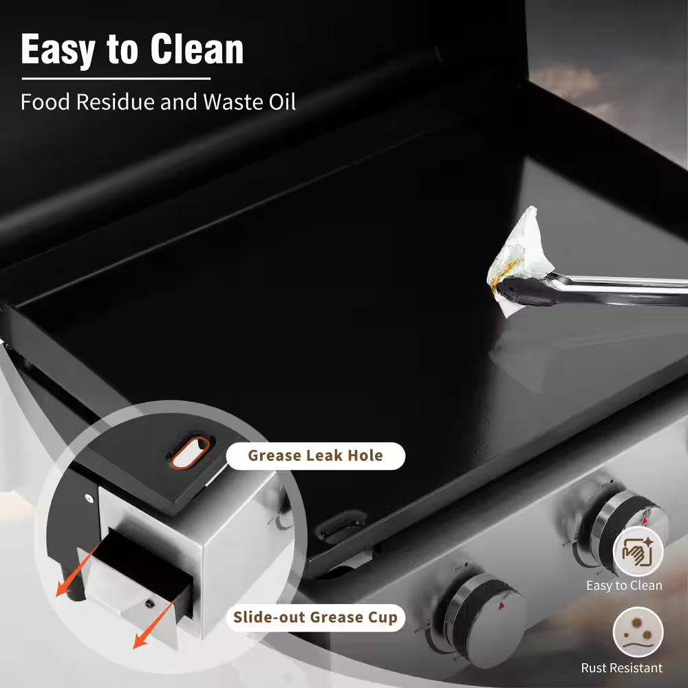 Black 3-Burner Propane Gas Griddle with Hard Cover Hood and Propane Adapter Hoses