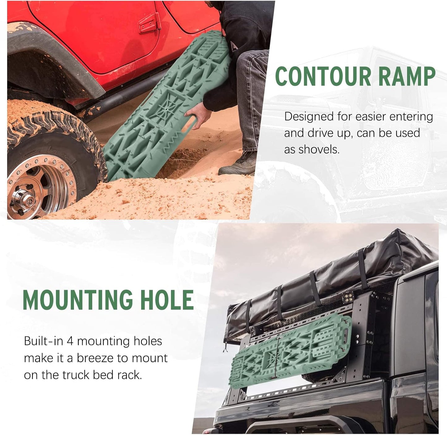 Recovery Traction Boards, Emergency Tracks with Jack Lift Base for Off-Road Sand Mud Snow, 2 Pcs Tire Ladder Mat (Green)