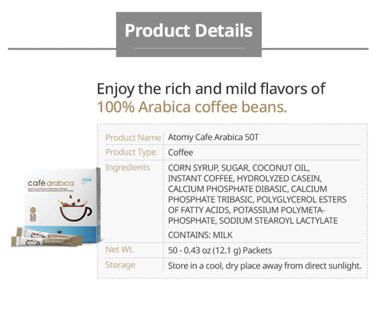 50 Sticks Cafe Arabica Instant Coffee Mix Arabica Coffee Natural Casein
