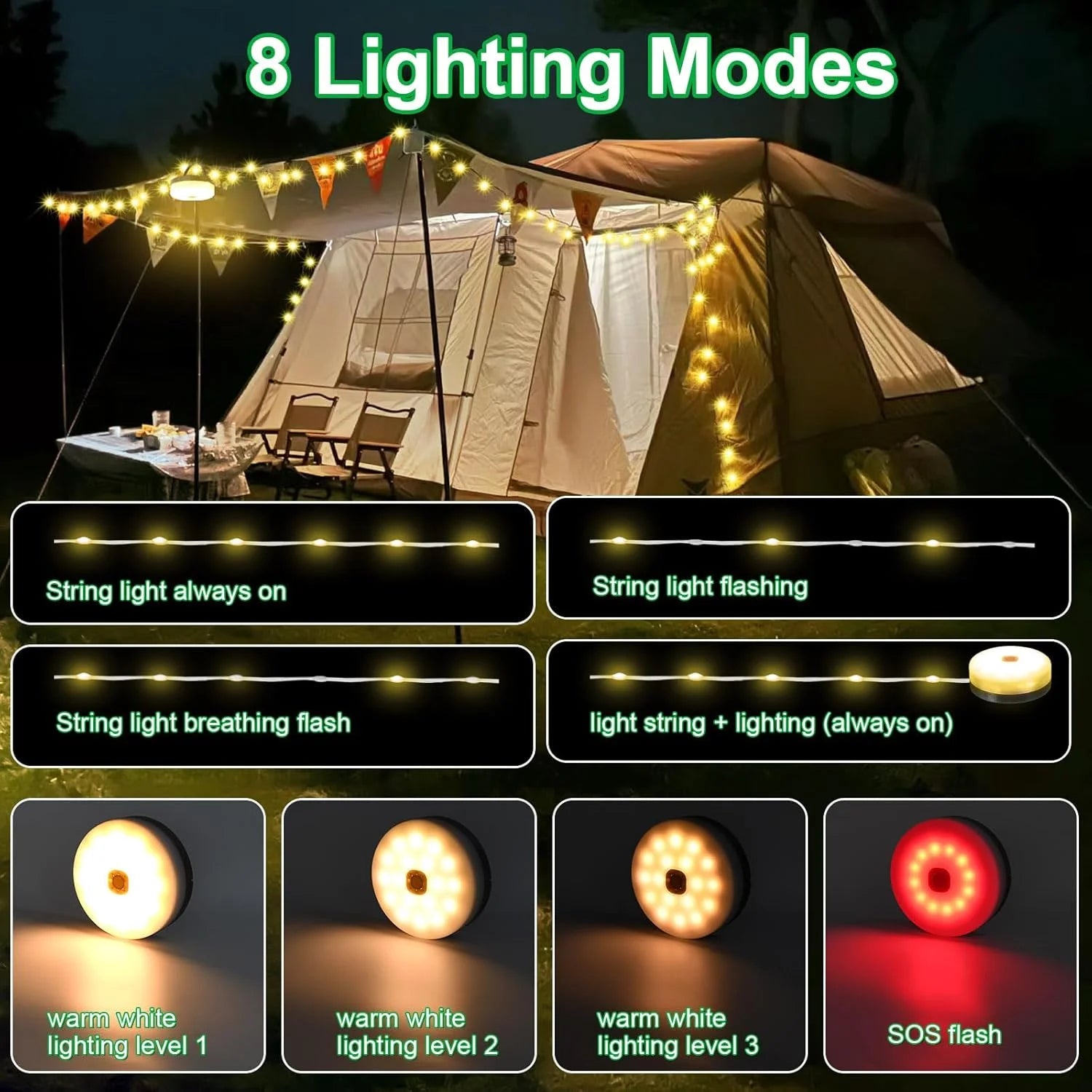3 in 1 Solar Camping Stowable String Lights, Outdoor Tent Lamp, Portable USB Rechargeable Camping Lantern Emergency Light with Remote Control, Warm Light