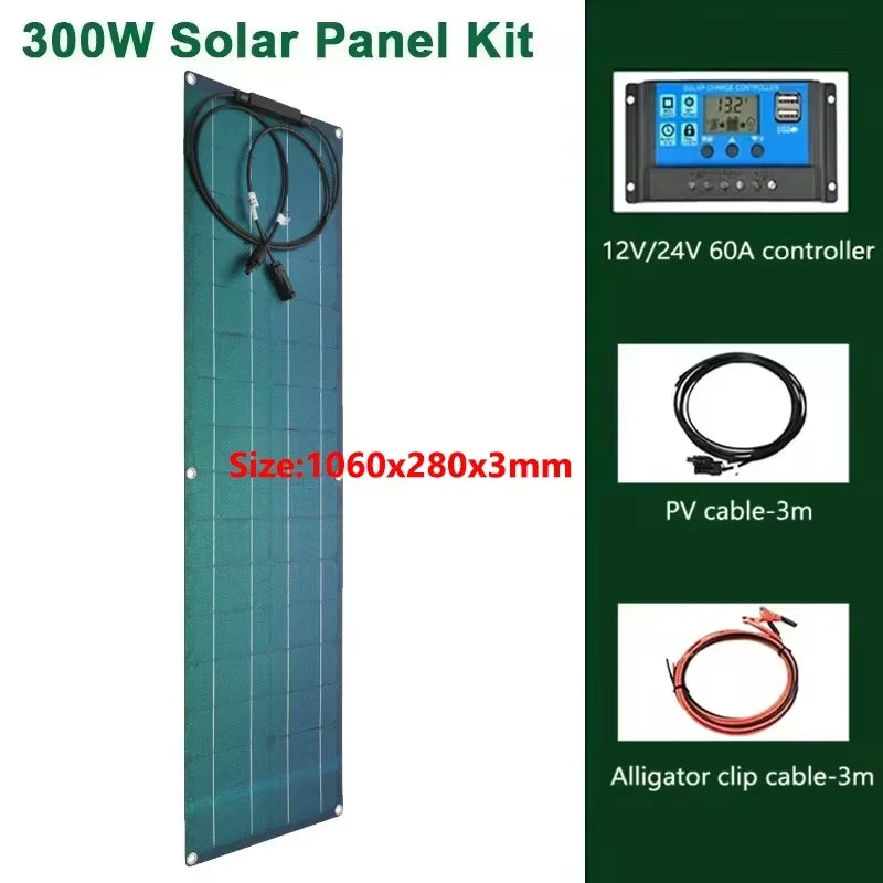 600W 300W Solar Plate Kit Flexible Solar Cells 18V Solar Panel System Battery Charger for Camping Yacht Motorhome Car RV Boat