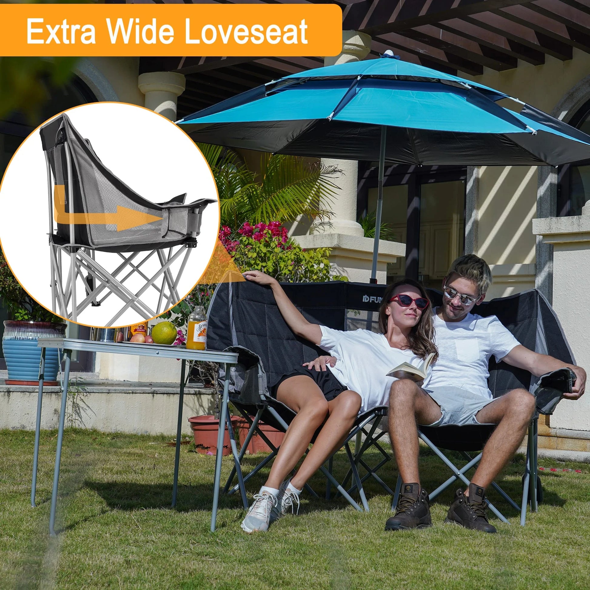 Outdoor Loveseat Chair Portable Double Chair for 2 Person ,Black/Grey