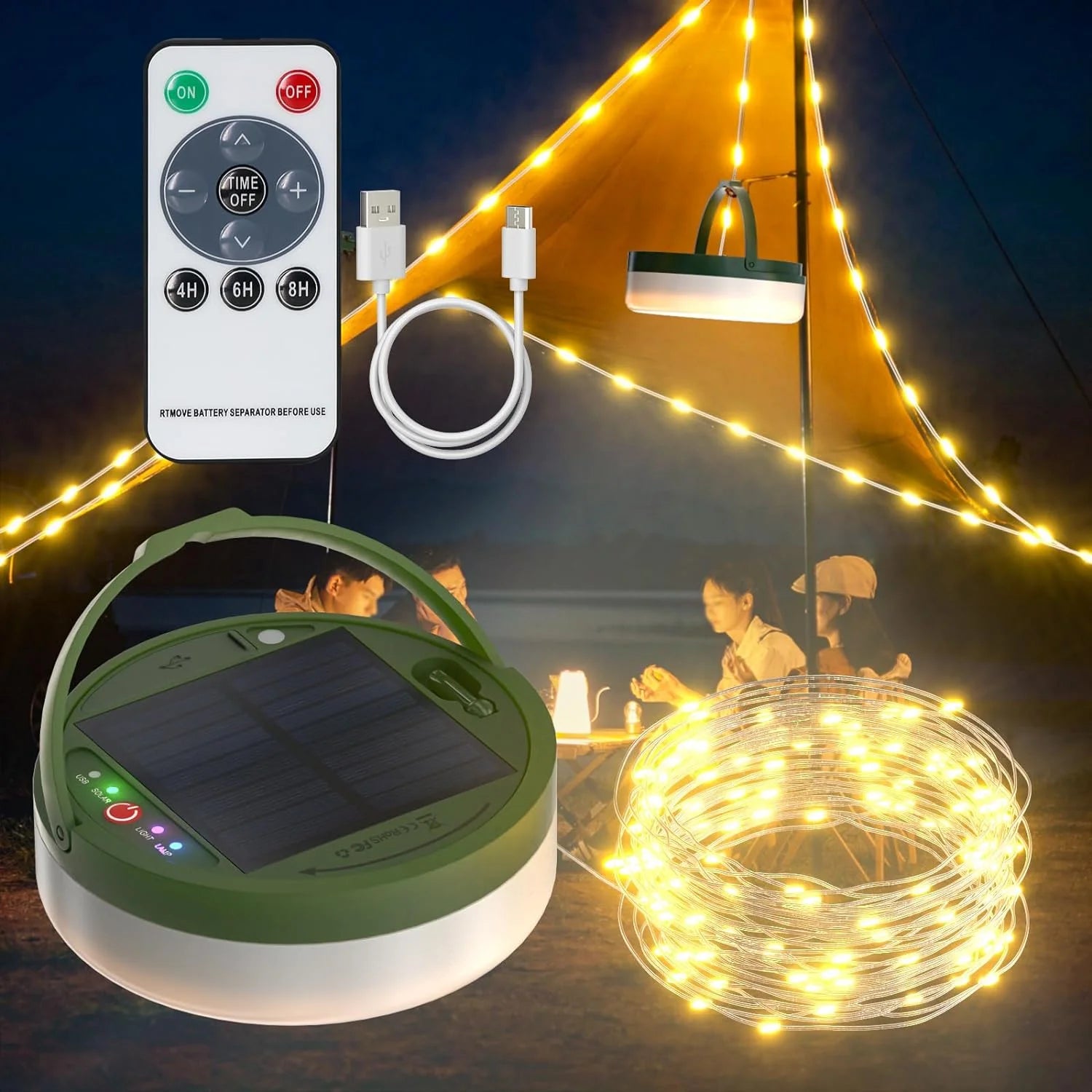 3 in 1 Solar Camping Stowable String Lights, Outdoor Tent Lamp, Portable USB Rechargeable Camping Lantern Emergency Light with Remote Control, Warm Light