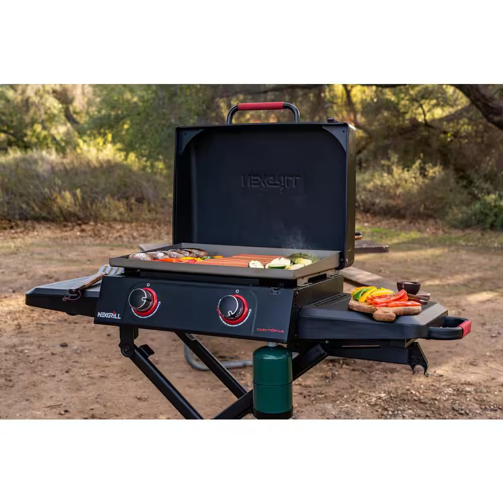 Daytona 2-Burner Propane Gas Grill 21 In. Flat Top Griddle with Foldable Cart in Black
