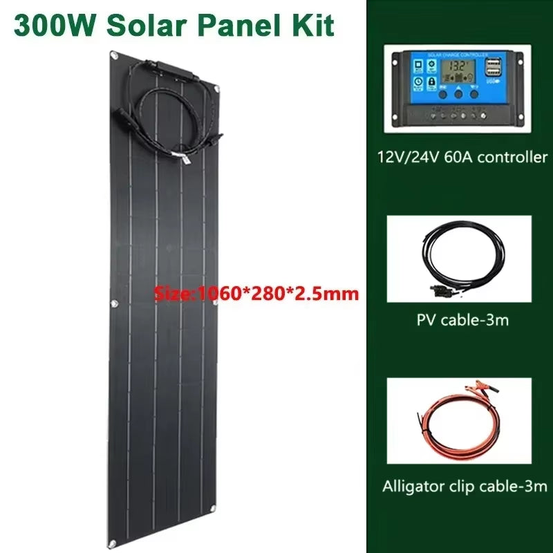 600W 300W Solar Plate Kit Flexible Solar Cells 18V Solar Panel System Battery Charger for Camping Yacht Motorhome Car RV Boat