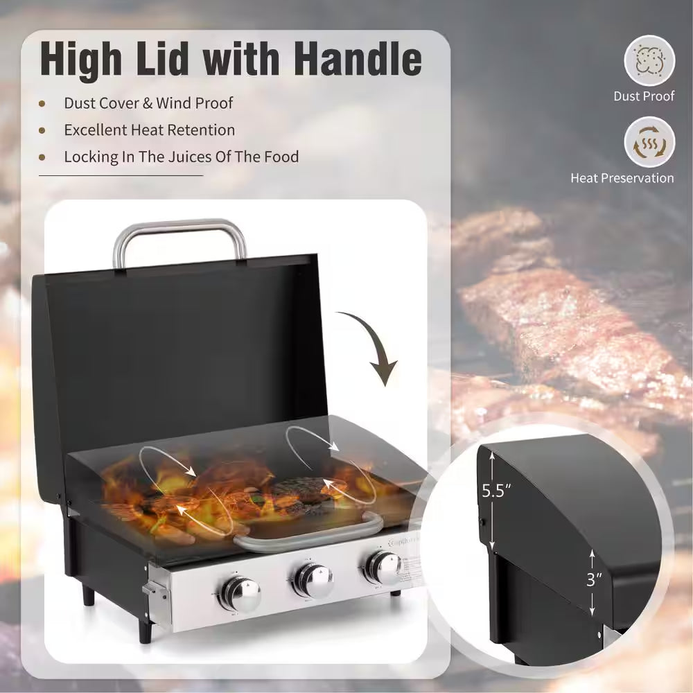 Black 3-Burner Propane Gas Griddle with Hard Cover Hood and Propane Adapter Hoses