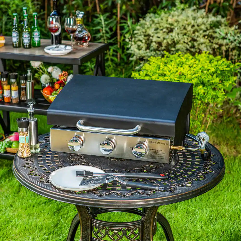 Black 3-Burner Propane Gas Griddle with Hard Cover Hood and Propane Adapter Hoses